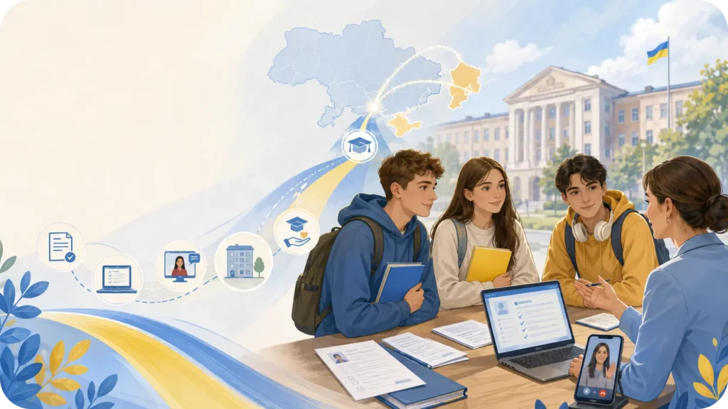 Консультація студентів щодо вступу до українського університету, навчальні та онлайн-символи підтримки.